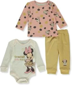 Disney Baby Girls' Minnie Mouse Jogger Set - 3 Piece Bodysuit, Long Sleeve Shirt Fleece Pant Set