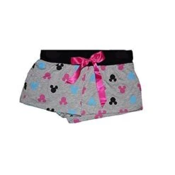 Disney Gray Pajama Boxer Shorts With Colorful Mickey Mouse Heads And Black Satin Bow