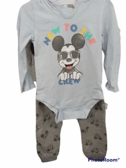 Disney Mickey Mouse Blue 3-Pack Jogger, Onesie With Hood And Ears, And T-Shirt Set, Bodysuit Bundle For Baby