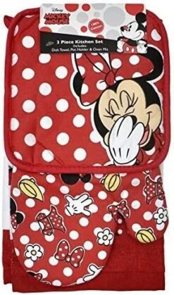 Minnie Mouse Oven Mitt Pot Holder & Dish Towel 3 Pc Kitchen Set